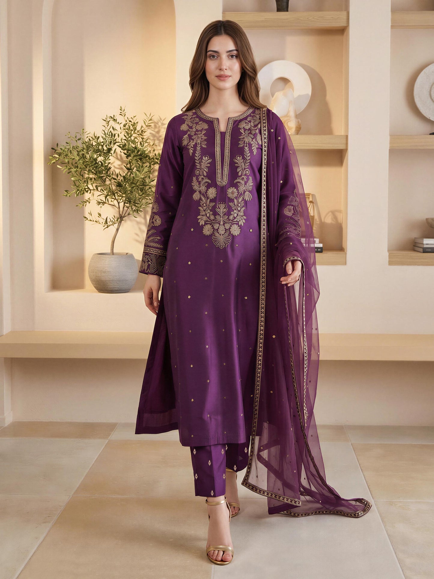 3 Piece Raw Silk Suit- Embroidered (Pret)