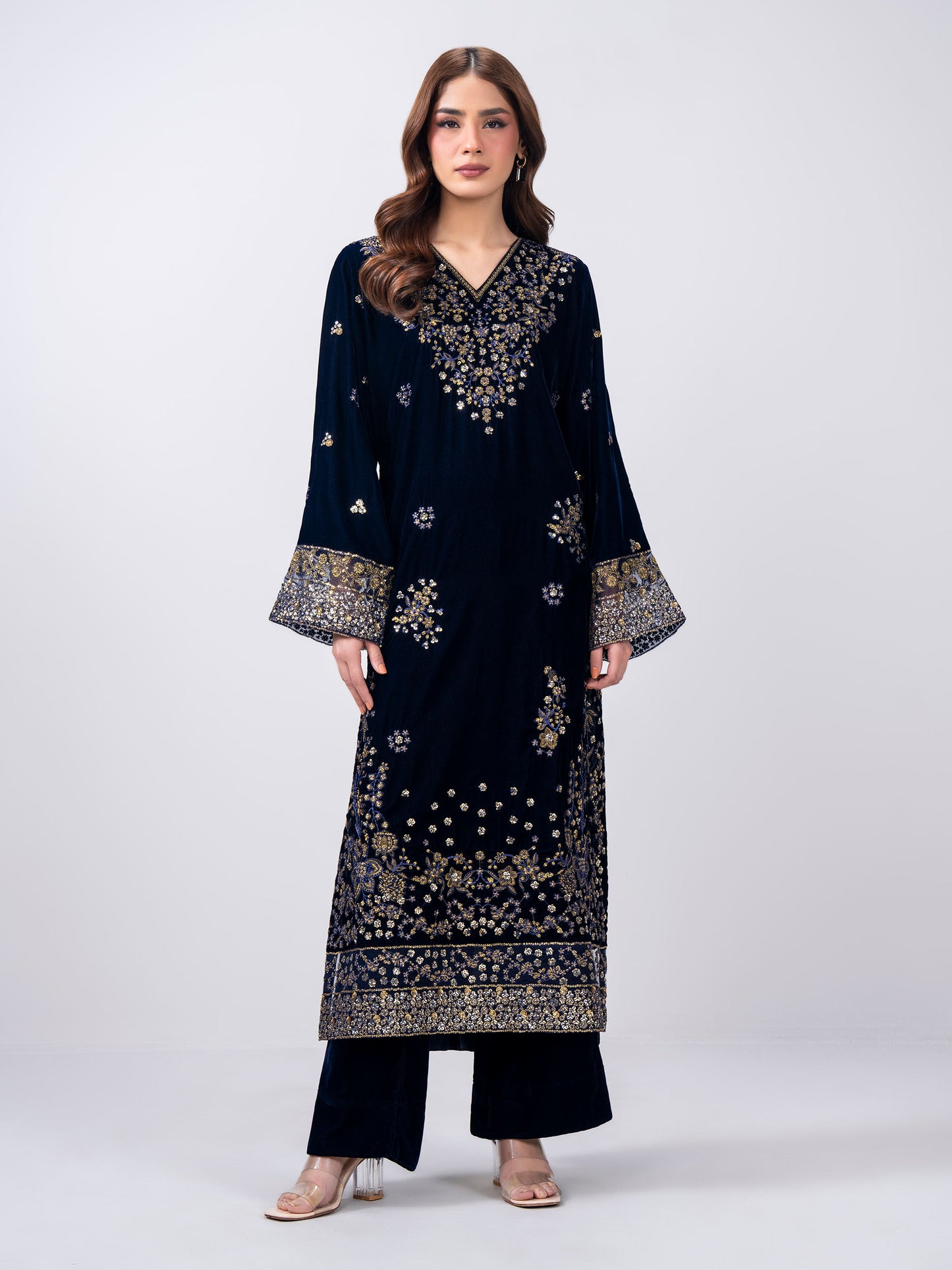 2 Piece Velvet Suit- Embroidered (Pret)