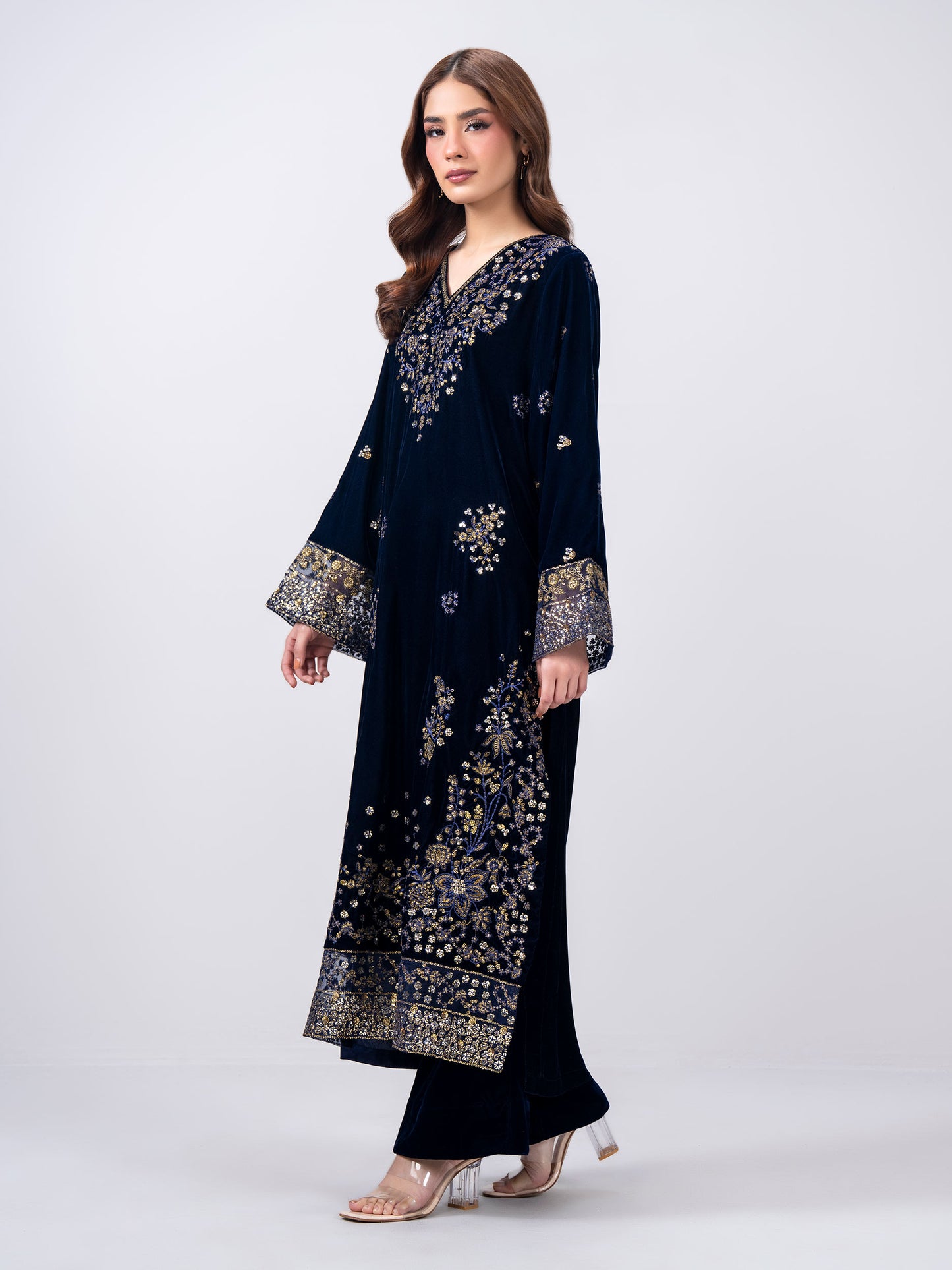 2 Piece Velvet Suit- Embroidered (Pret)