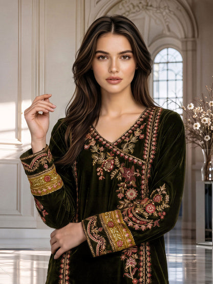 2 Piece Velvet Suit- Embroidered (Pret)