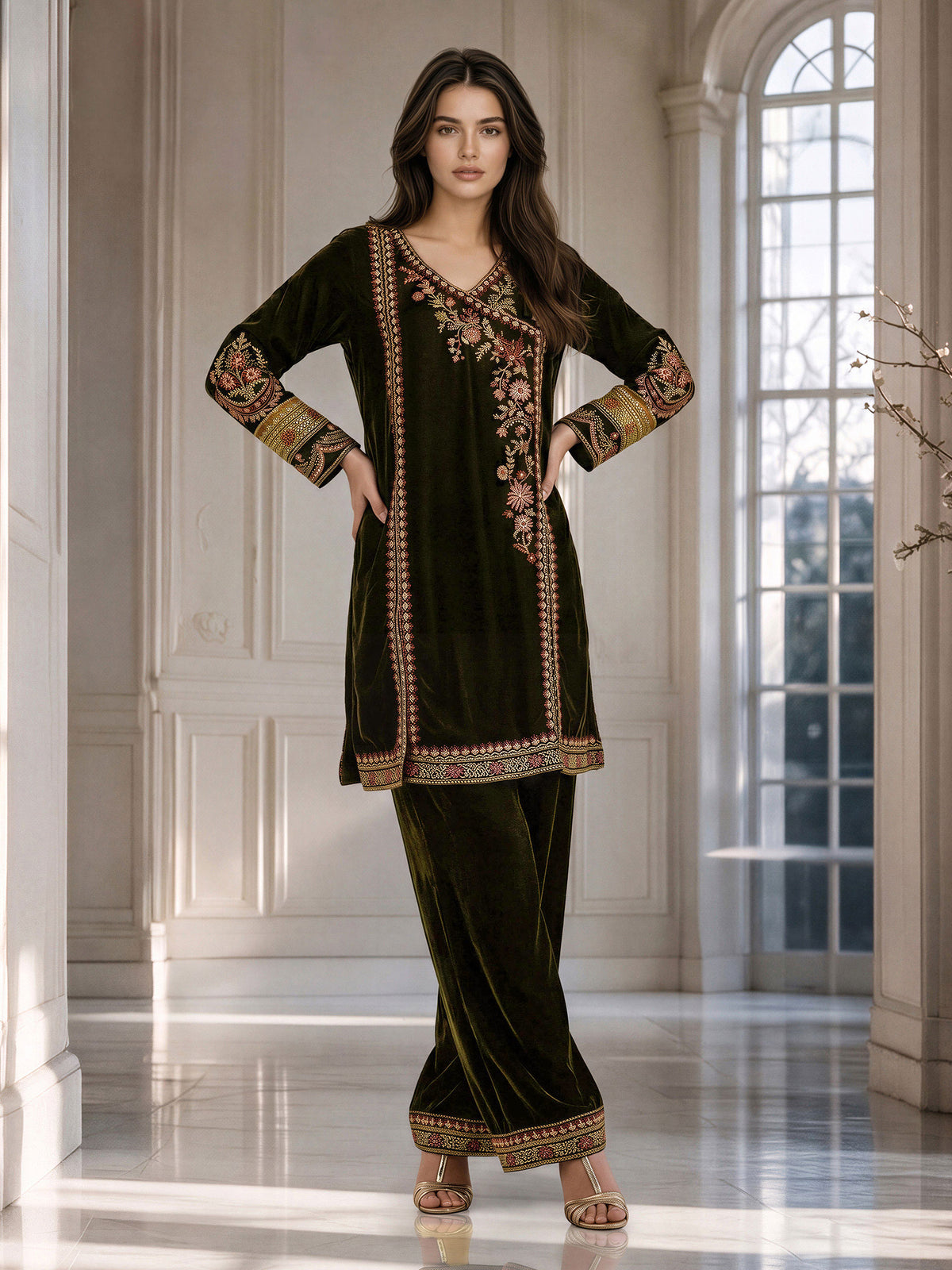 2 Piece Velvet Suit- Embroidered (Pret)