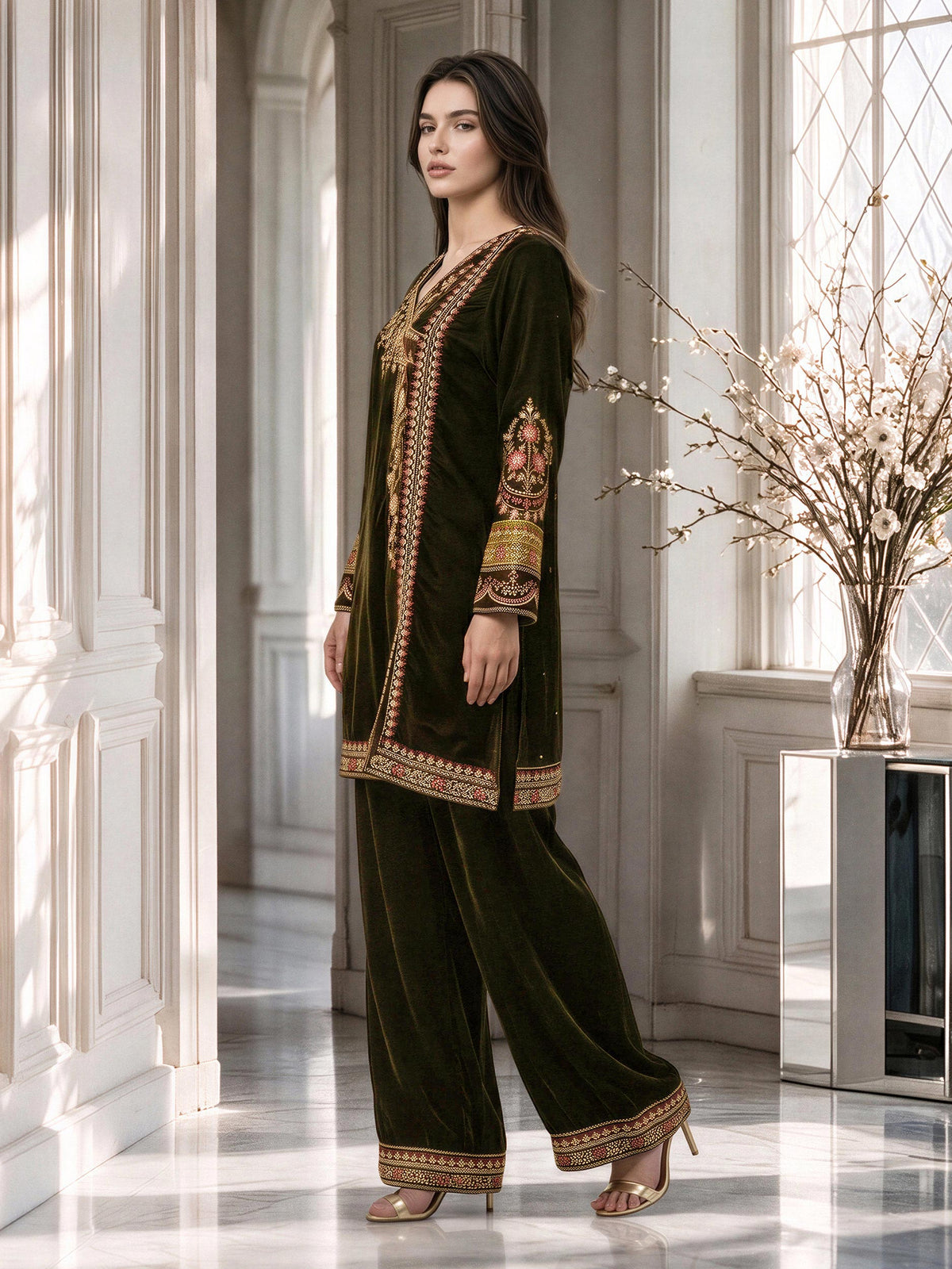 2 Piece Velvet Suit- Embroidered (Pret)