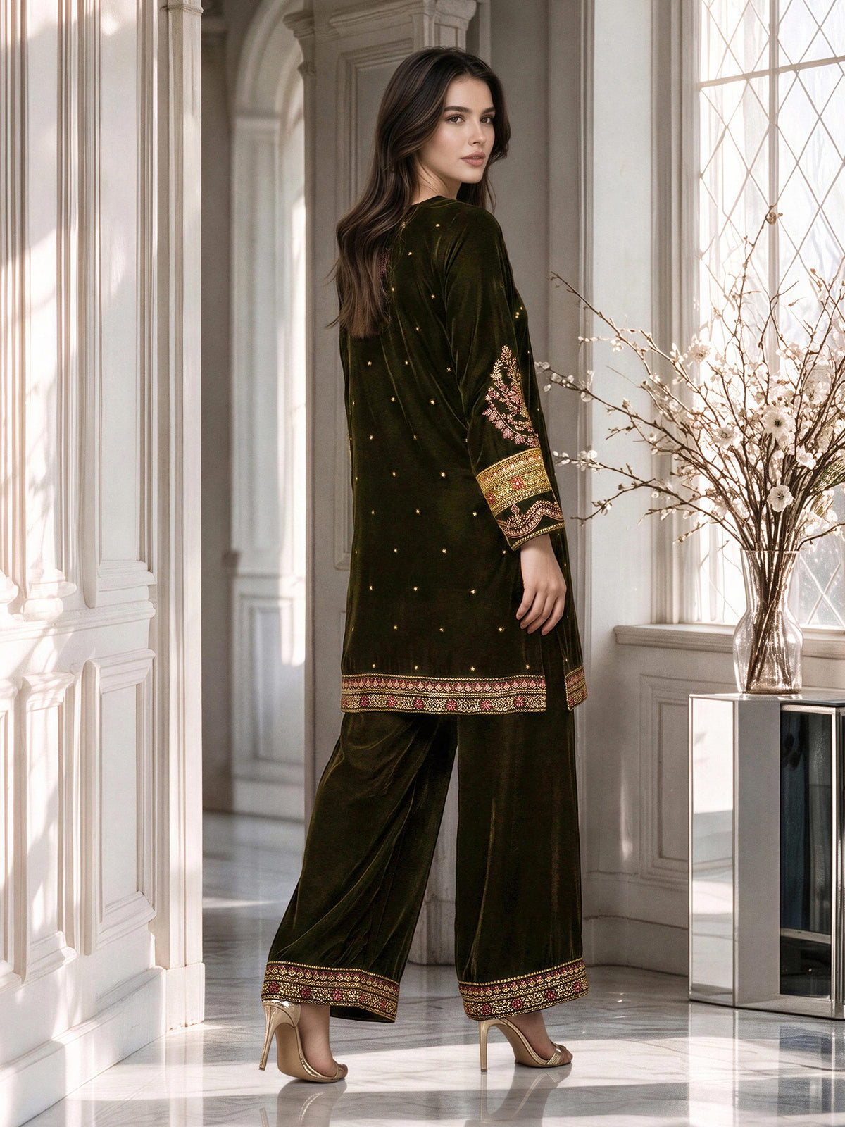 2 Piece Velvet Suit- Embroidered (Pret)