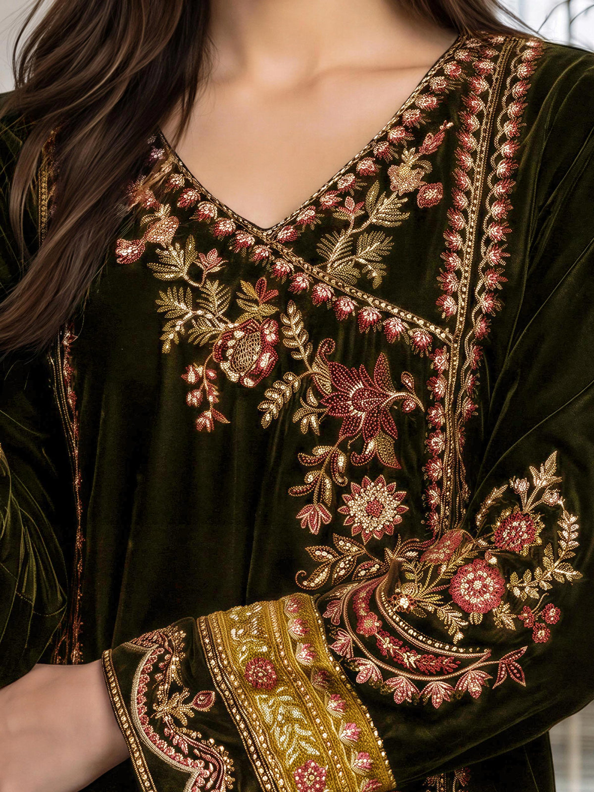 2 Piece Velvet Suit- Embroidered (Pret)