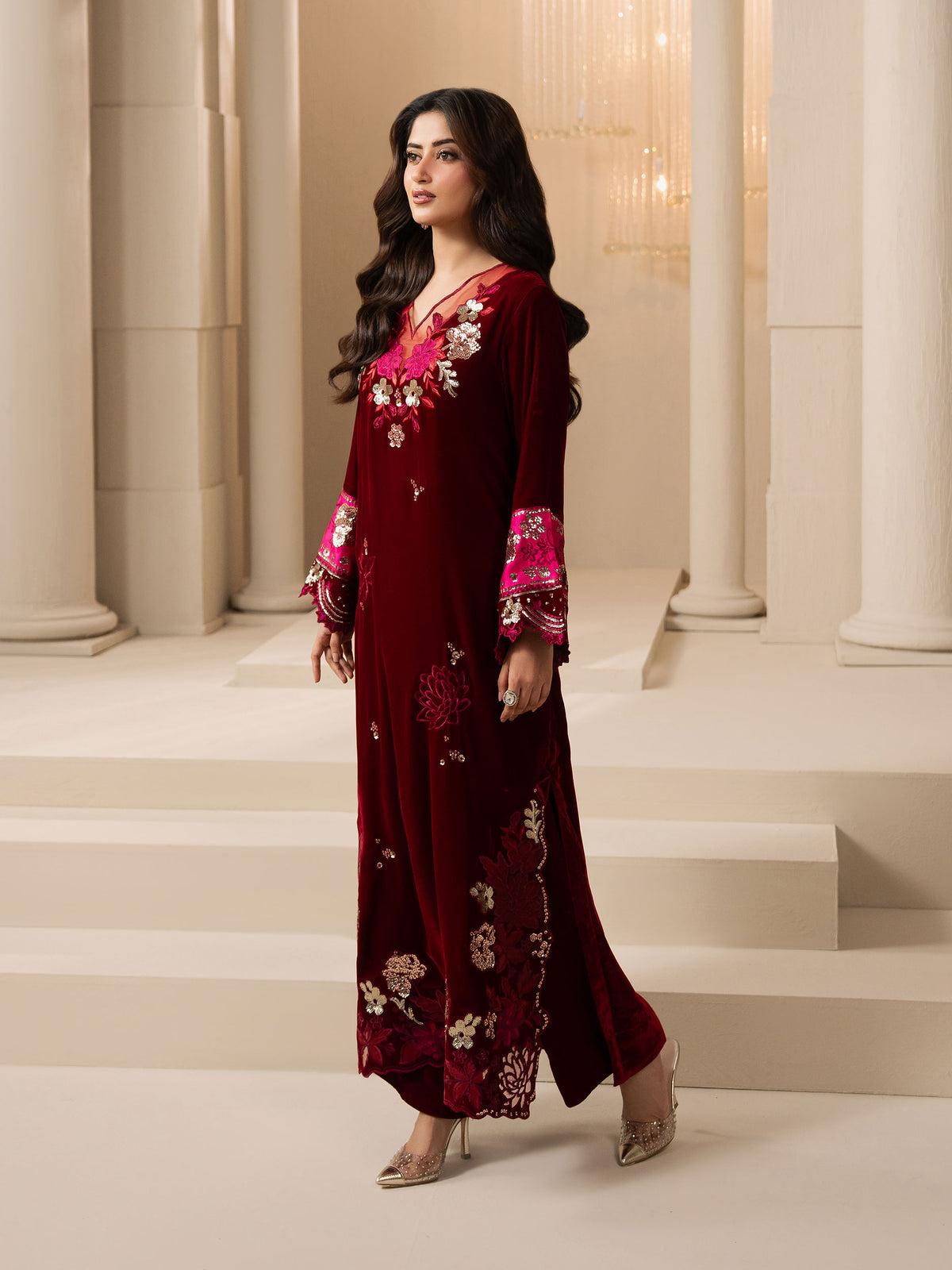 2 Piece Velvet Suit-Embroidered (Pret)