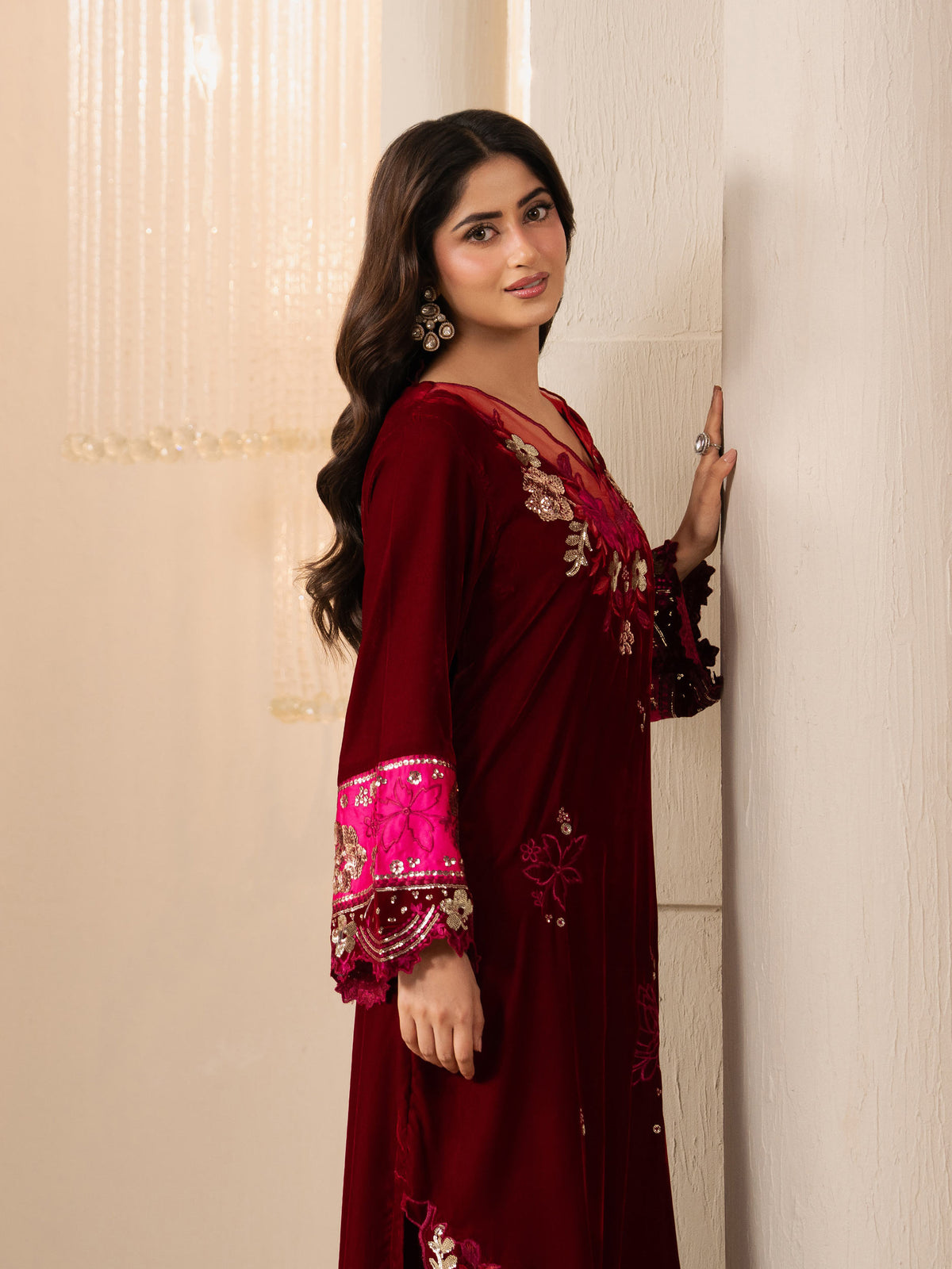 2 Piece Velvet Suit-Embroidered (Pret)