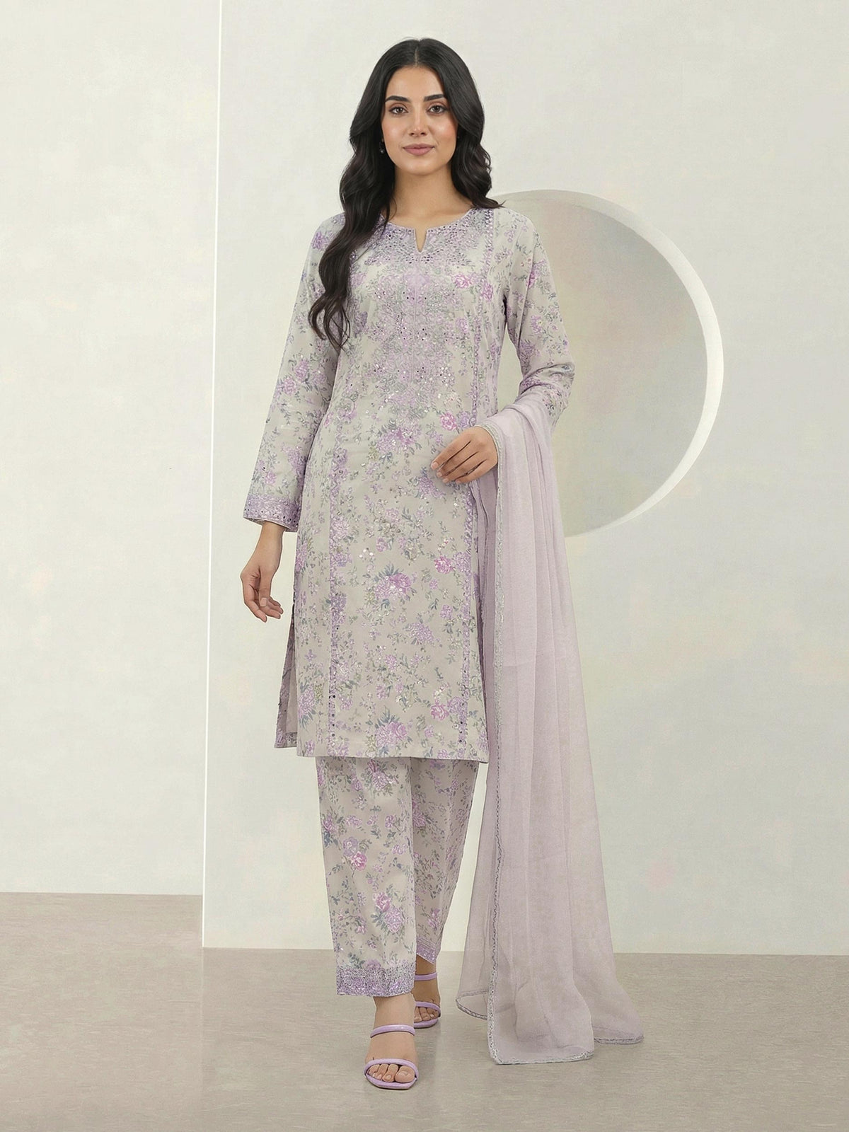 3-Piece Satin Suit-Embroidered (Pret)