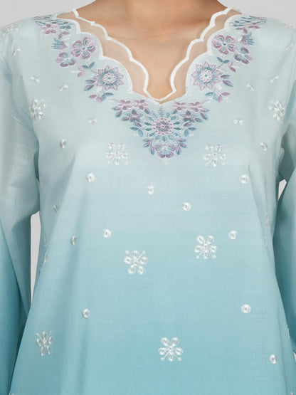 2 Piece Cambric Slub Suit- Embroidered (Pret)