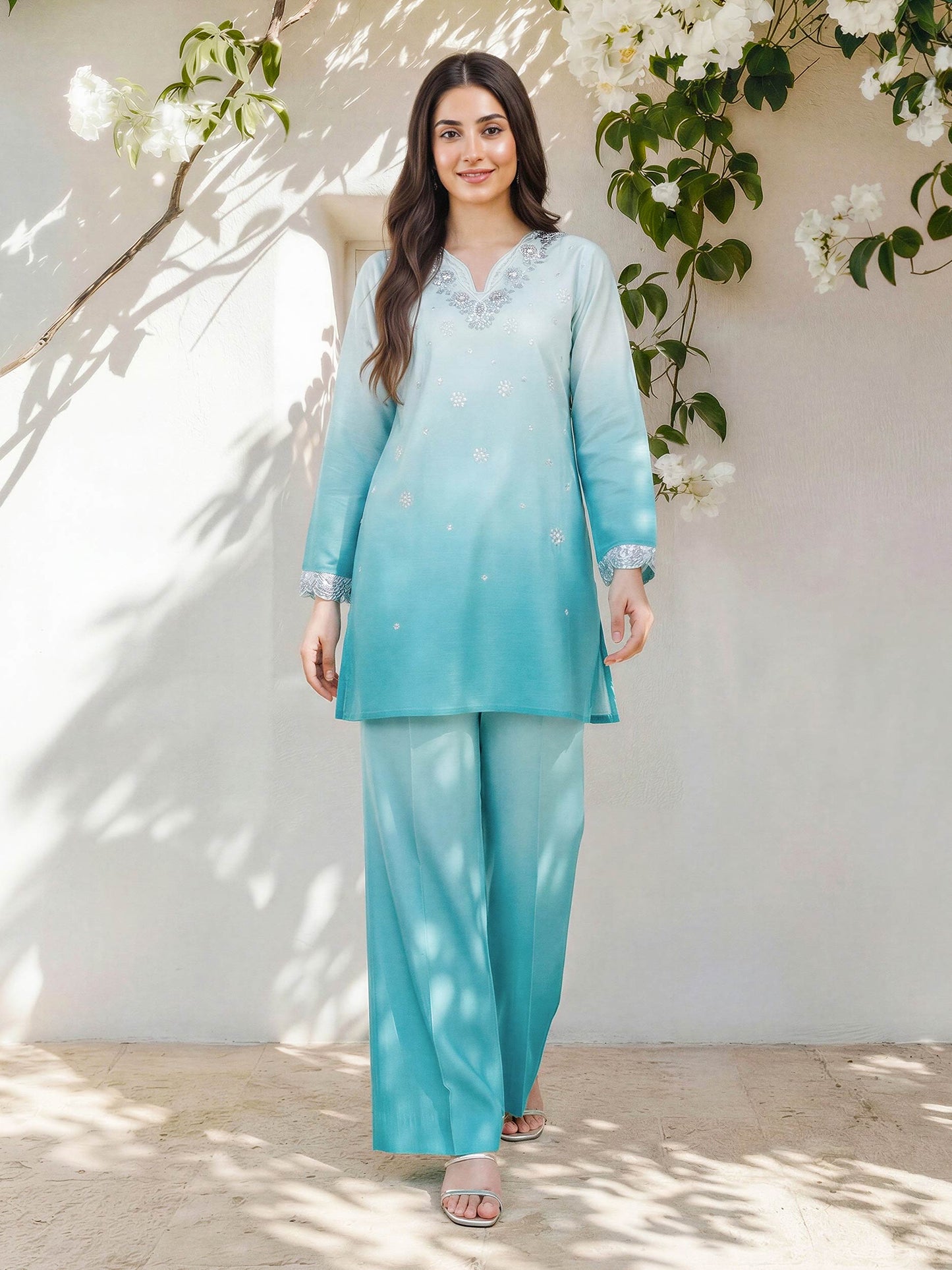 2 Piece Cambric Slub Suit- Embroidered (Pret)