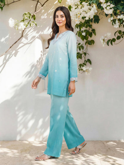2 Piece Cambric Slub Suit- Embroidered (Pret)