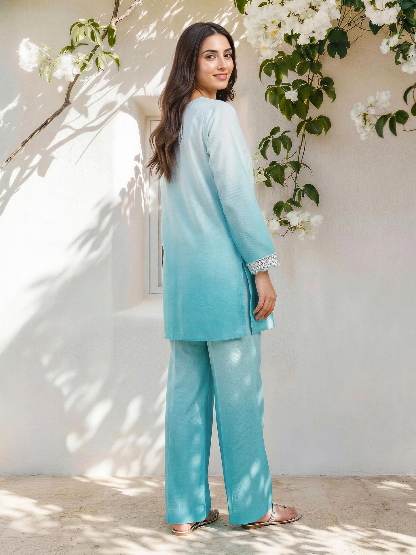 2 Piece Cambric Slub Suit- Embroidered (Pret)