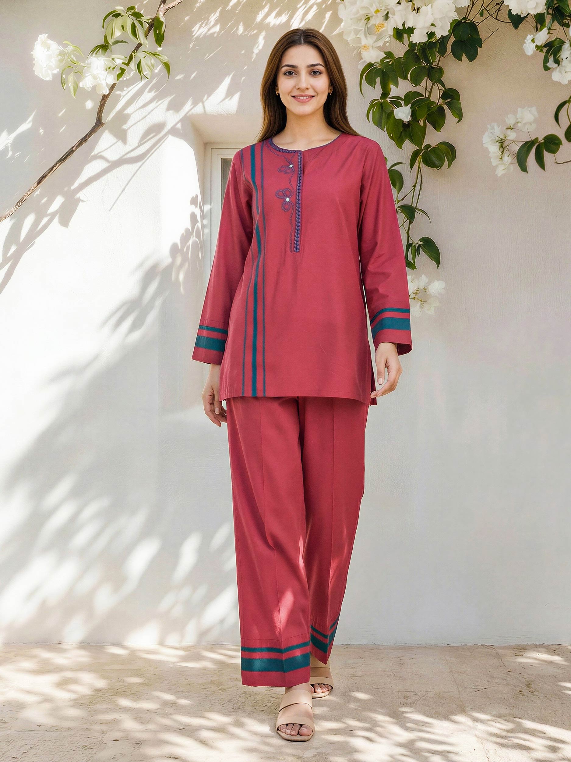 Viscose Cotton Co-ord Set- Embroidered