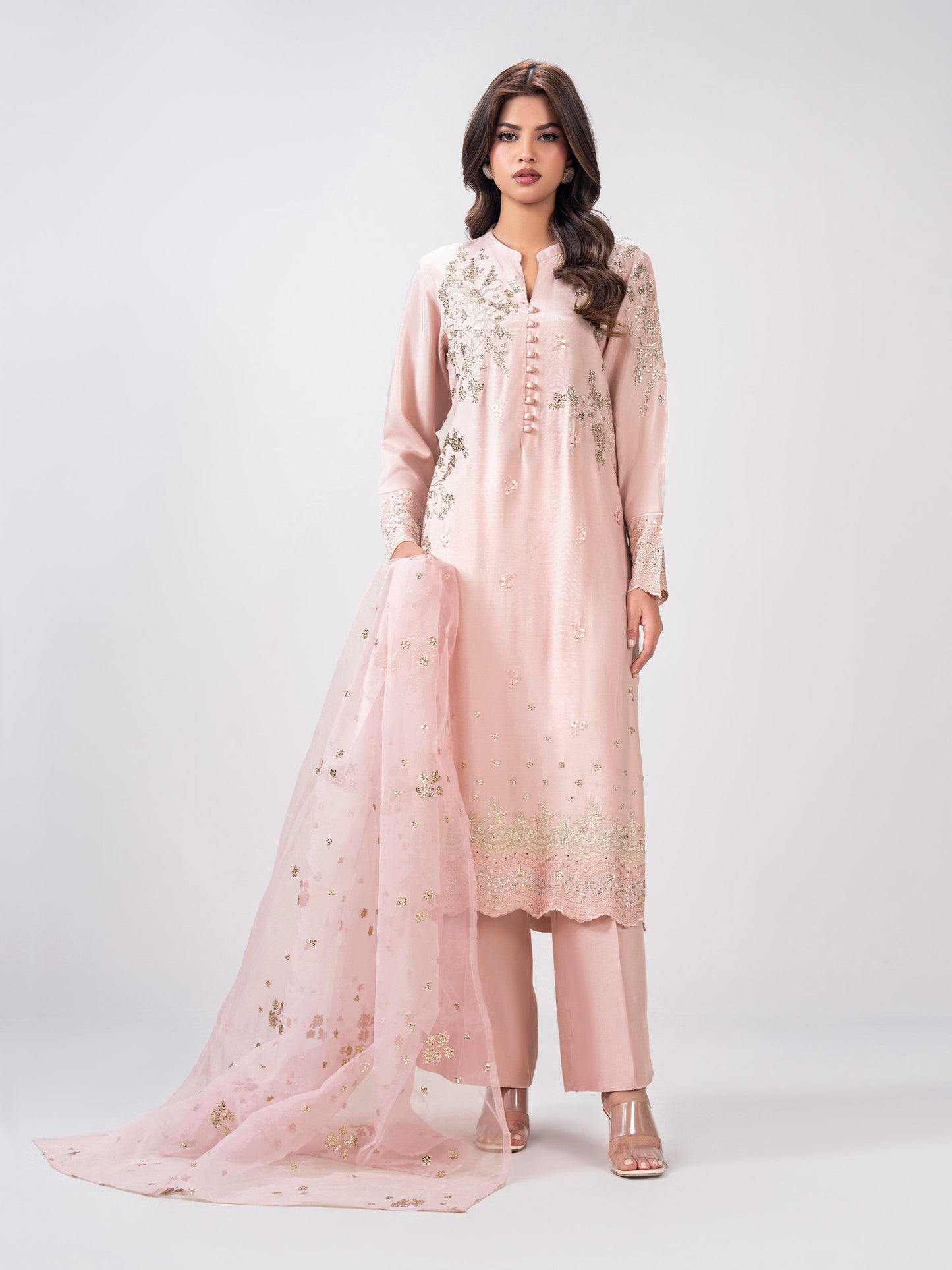 3 Piece Oak Silk Suit- Embroidered (Pret)