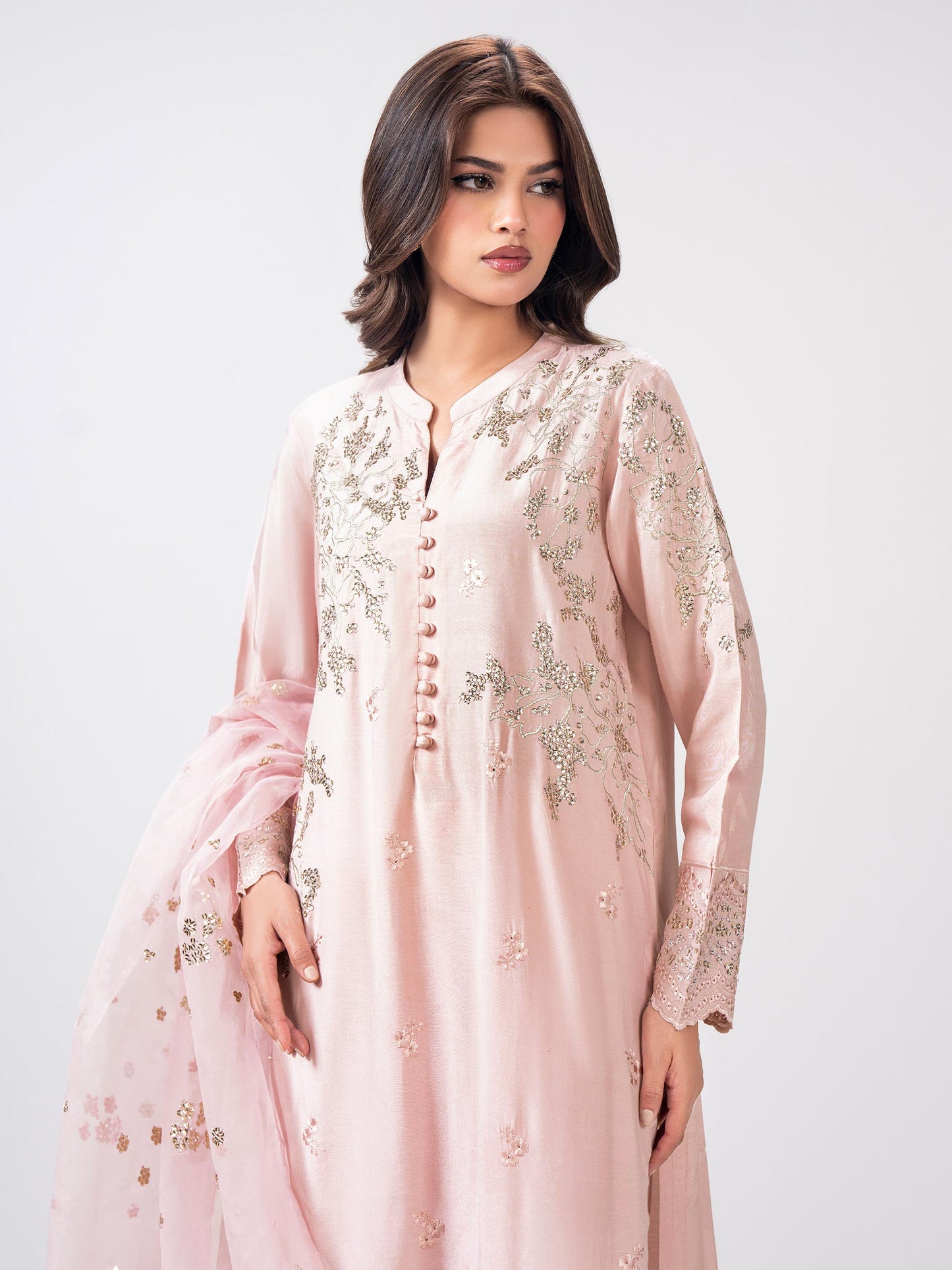 3 Piece Oak Silk Suit- Embroidered (Pret)