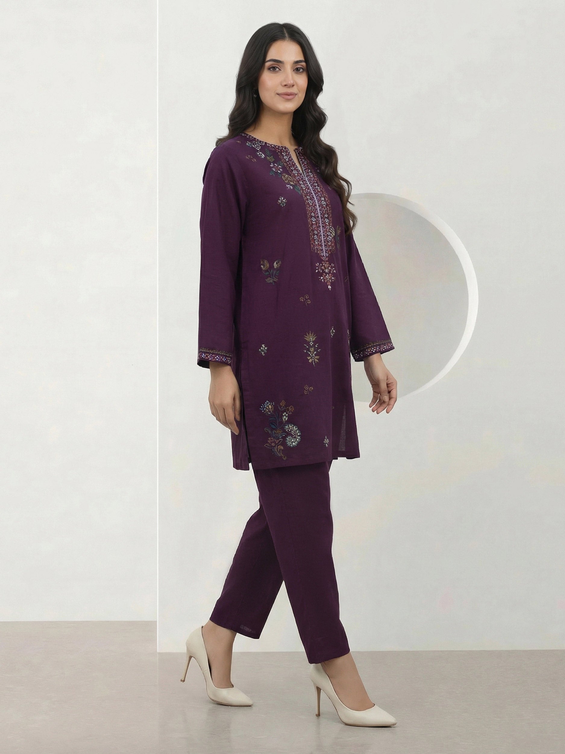 2 Piece Cambric Slub Suit- Embroidered (Pret)