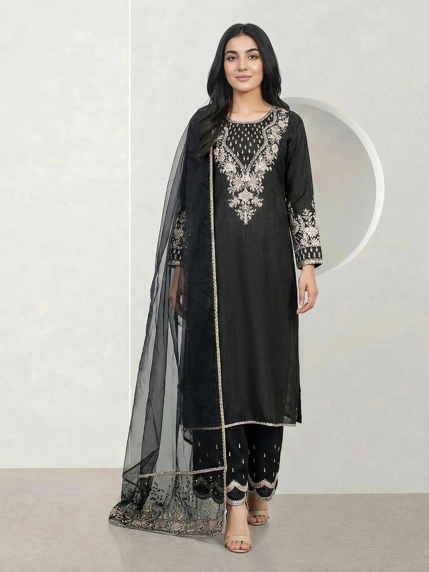 3 Piece Viscose Glitter Suit- Embroidered (Pret)