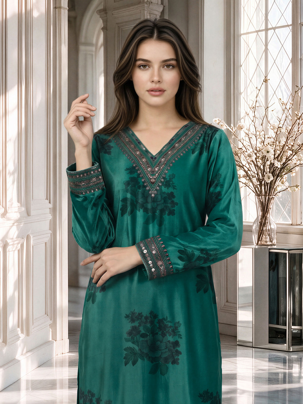 3 Piece Velvet Suit- Embroidered (Pret)
