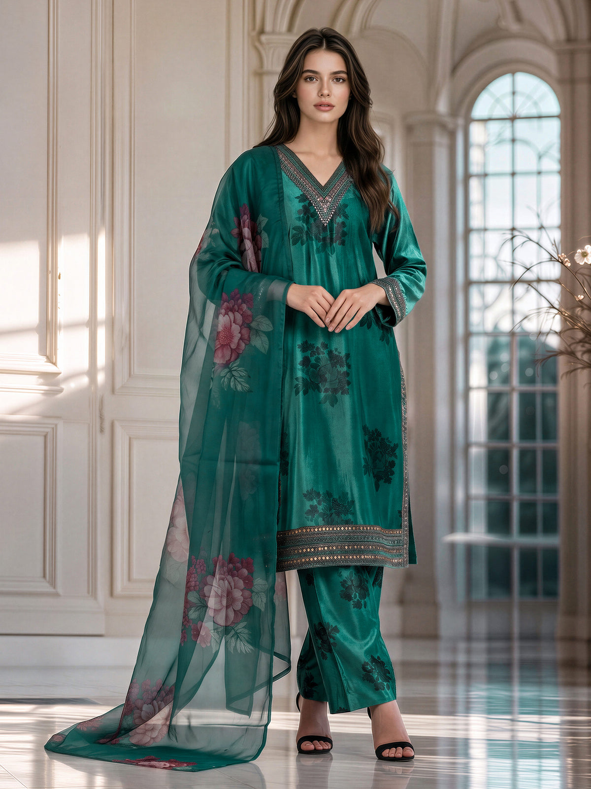 3 Piece Velvet Suit- Embroidered (Pret)