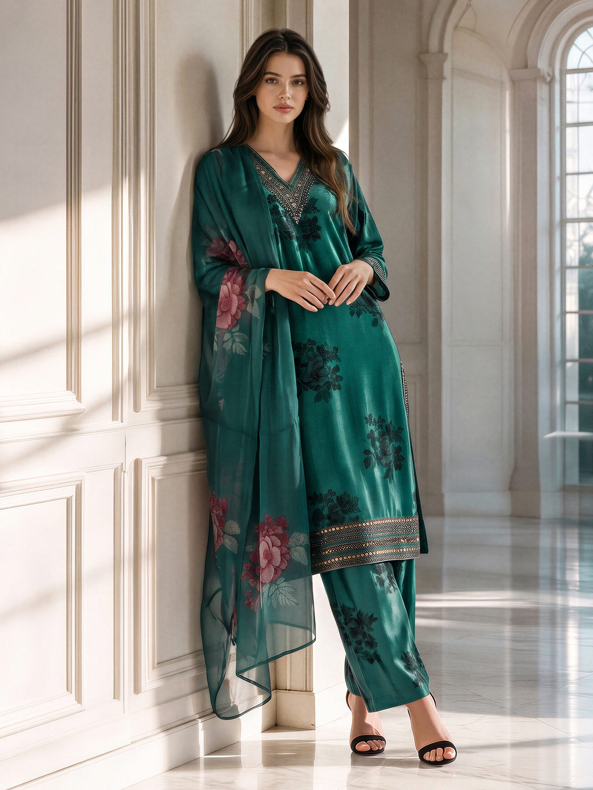 3 Piece Velvet Suit- Embroidered (Pret)