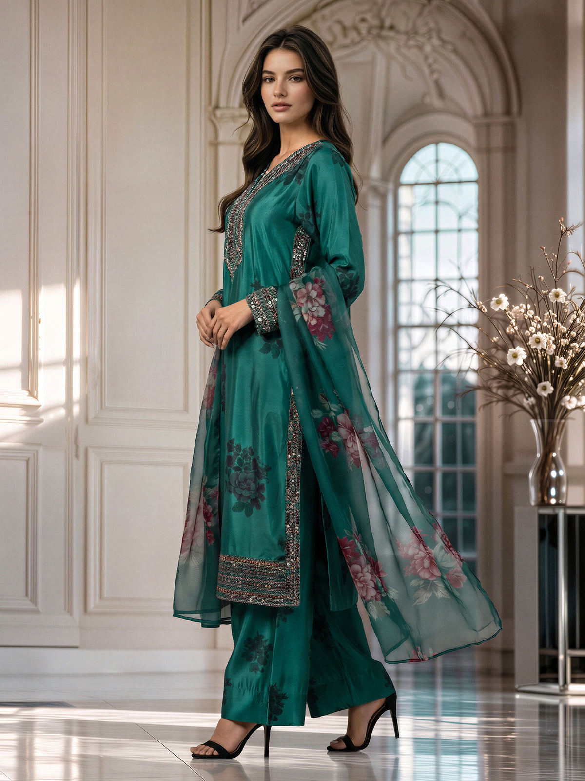 3 Piece Velvet Suit- Embroidered (Pret)