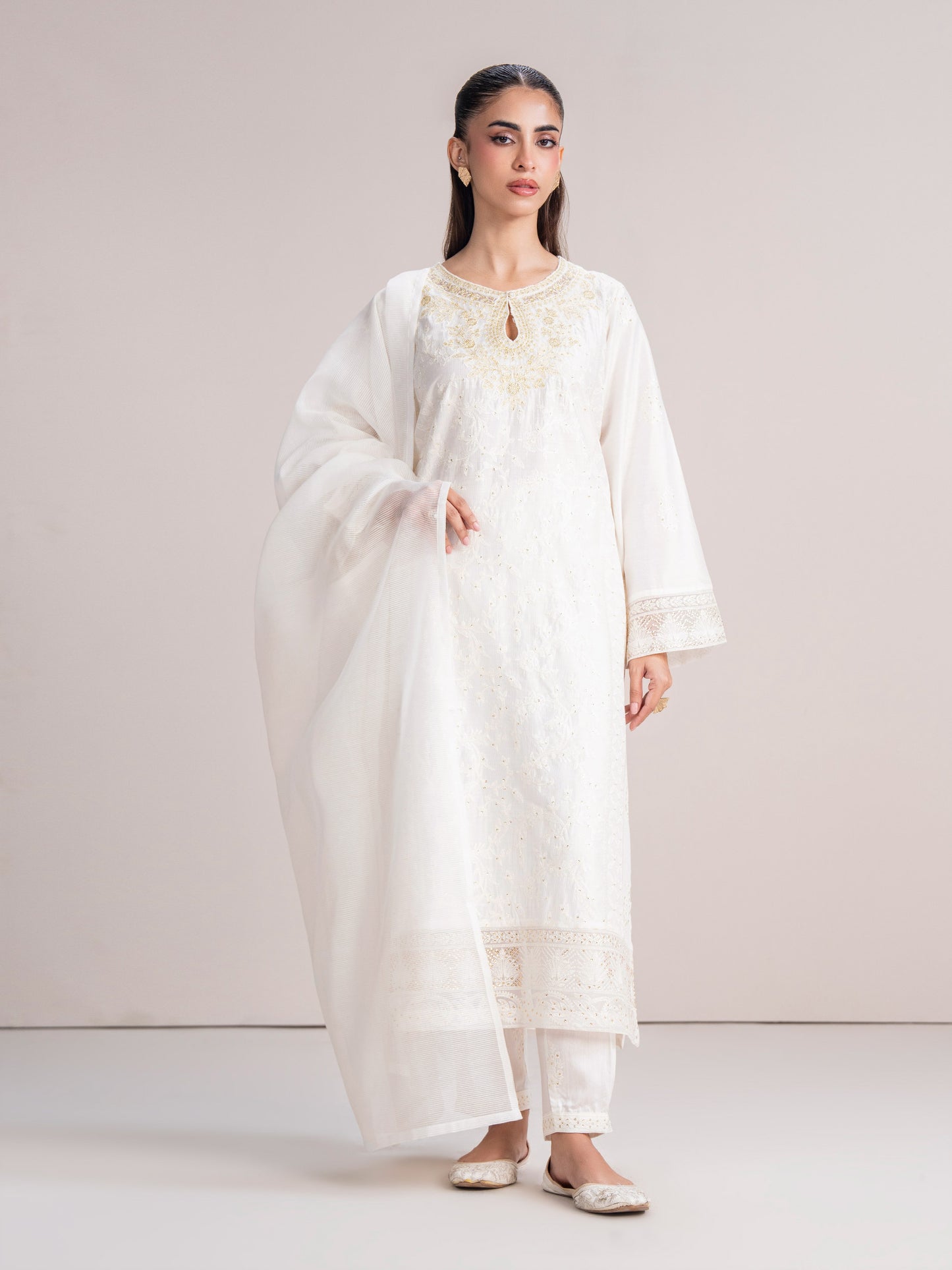3 Piece Cotton Net Suit- Embroidered (Pret)