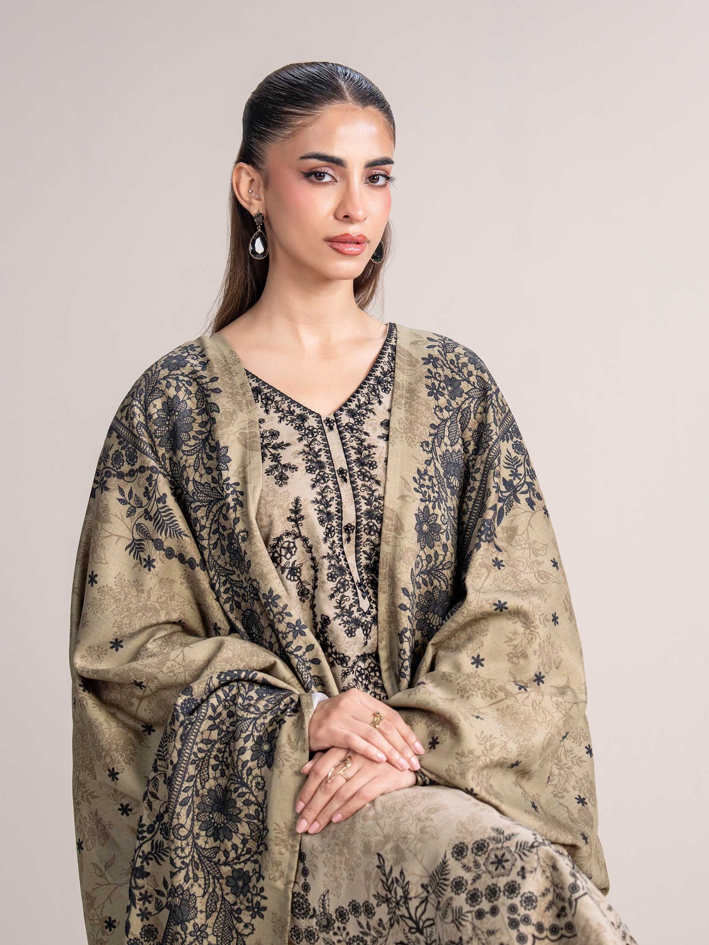 3 Piece Slub Khaddar Suit- Embroidered (Pret)