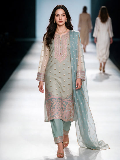 3 Piece Jacquard Yarn Dyed Suit- Embroidered (Pret)