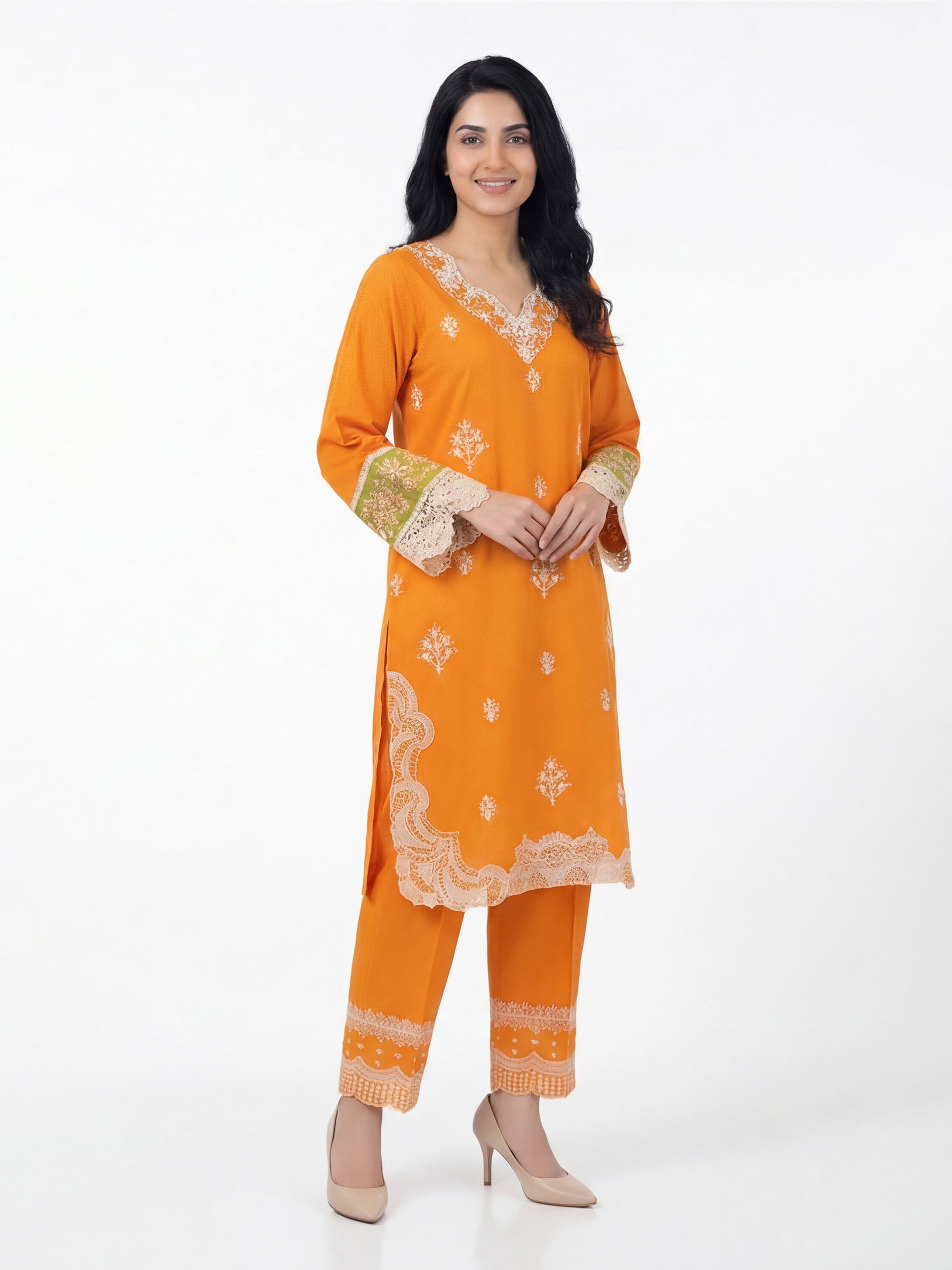 2 Piece Cambric Slub Suit- Embroidered (Pret)