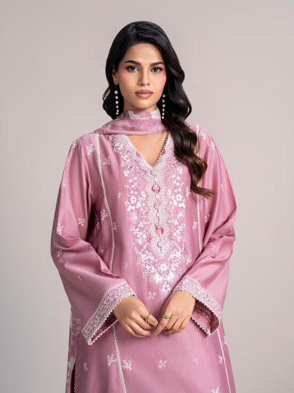 3-Piece Satin Suit- Embroidered (Pret)