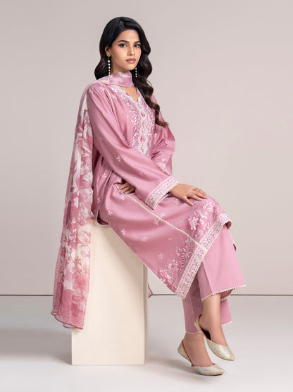 3-Piece Satin Suit- Embroidered (Pret)