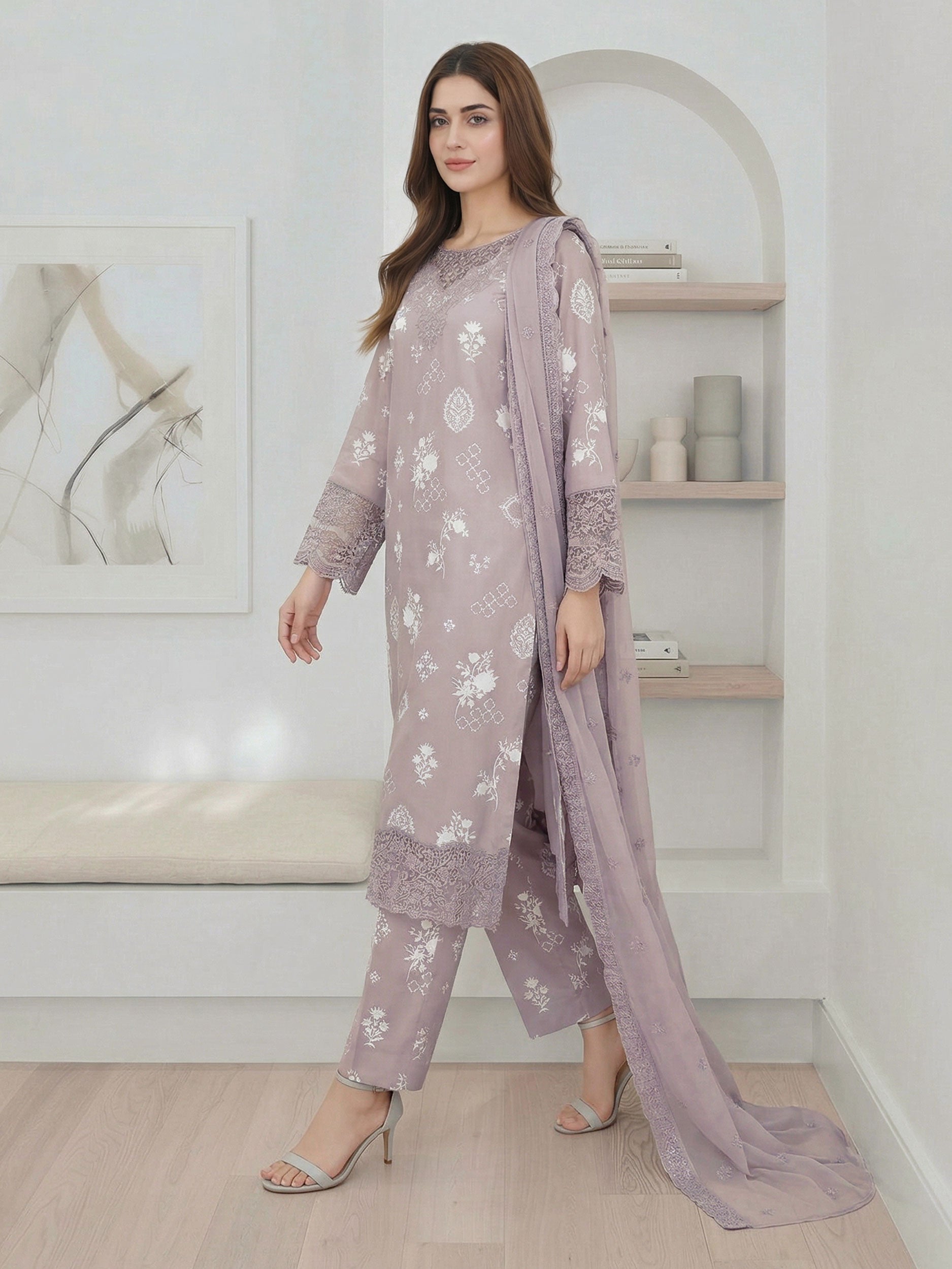 3 Piece Silk Suit- Embroidered (Pret)