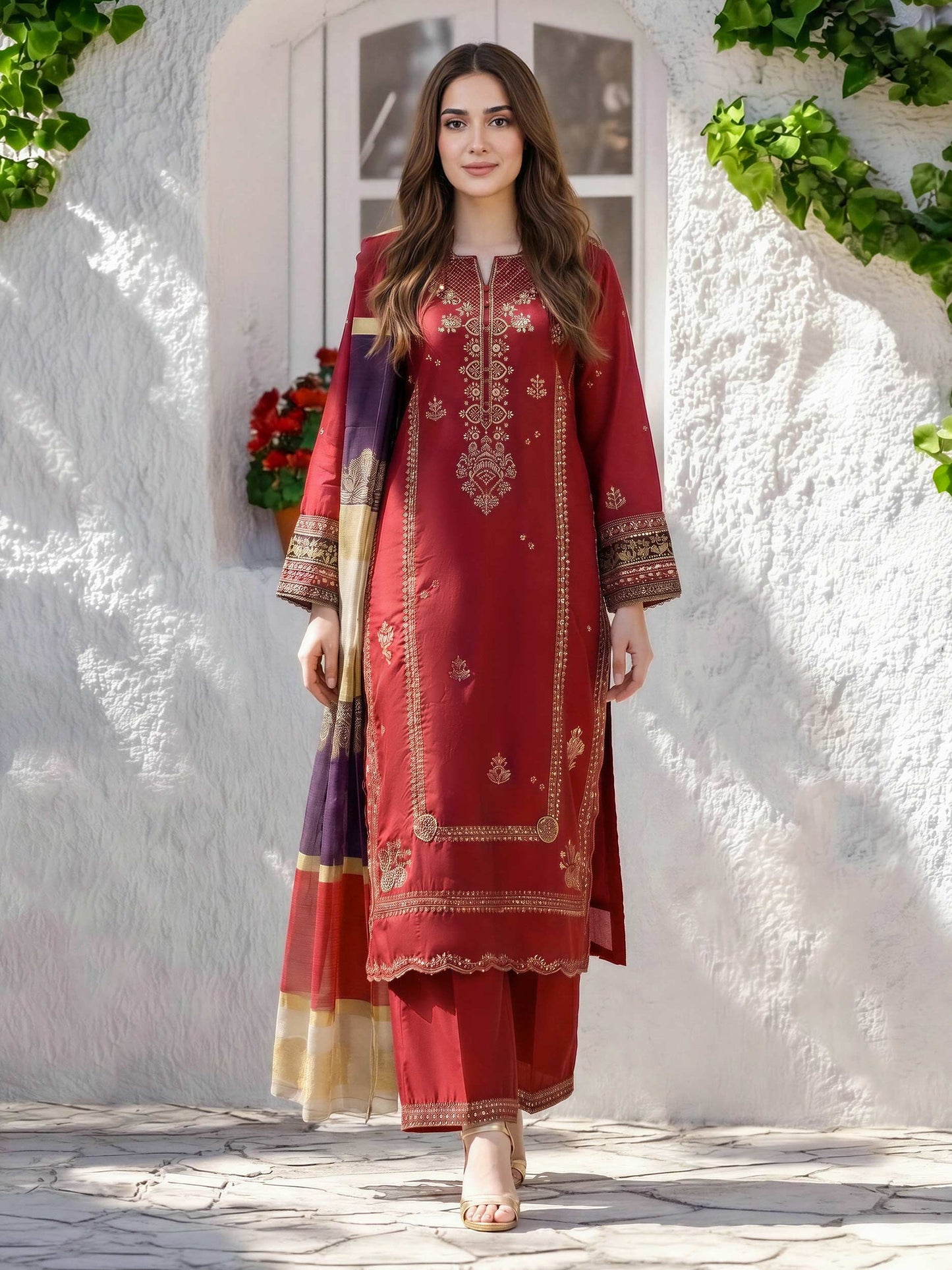 3 Piece Cotton Net Suit- Embroidered (Pret)