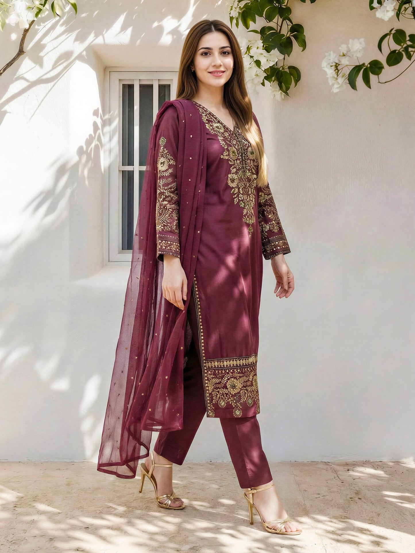 3 Piece Raw Silk Suit- Embroidered (Pret)