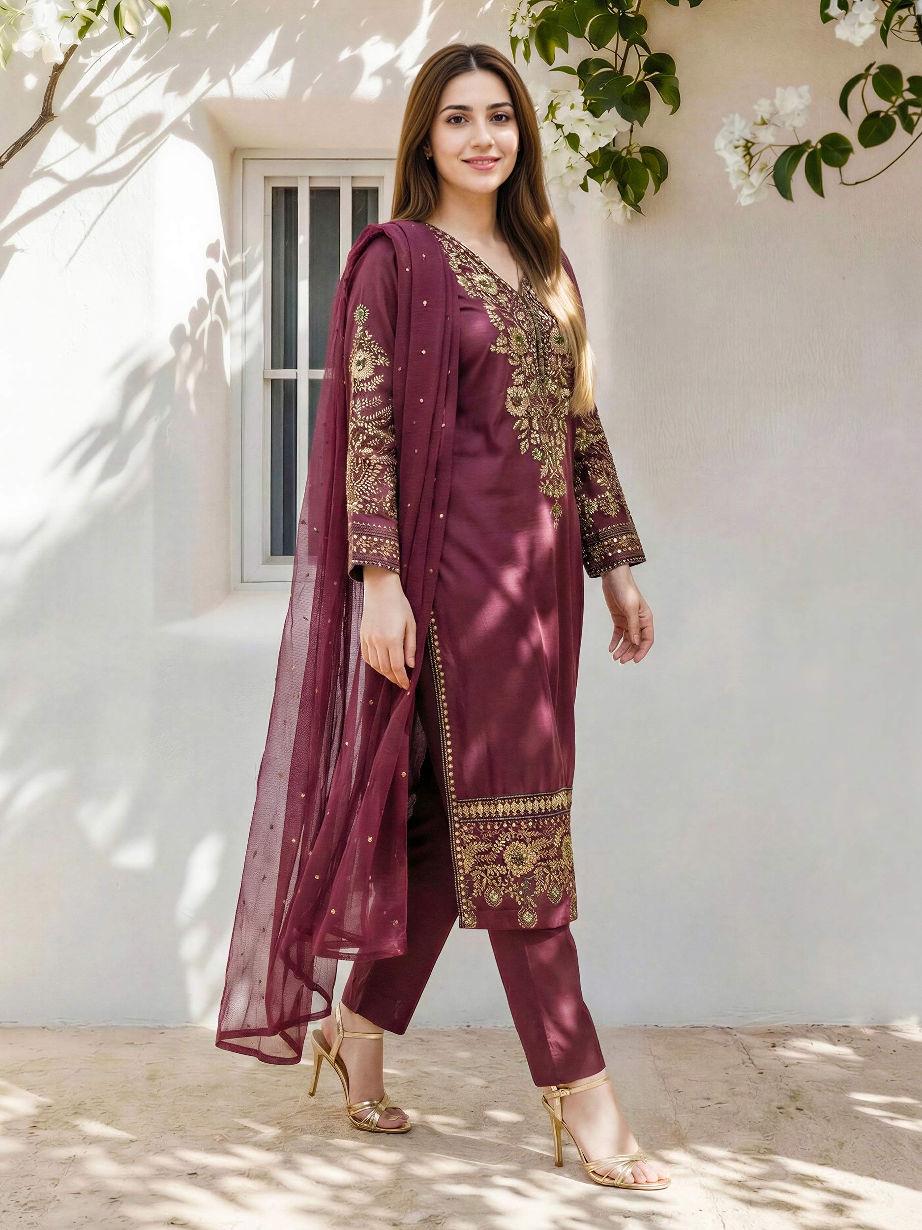 3 Piece Raw Silk Suit- Embroidered (Pret)