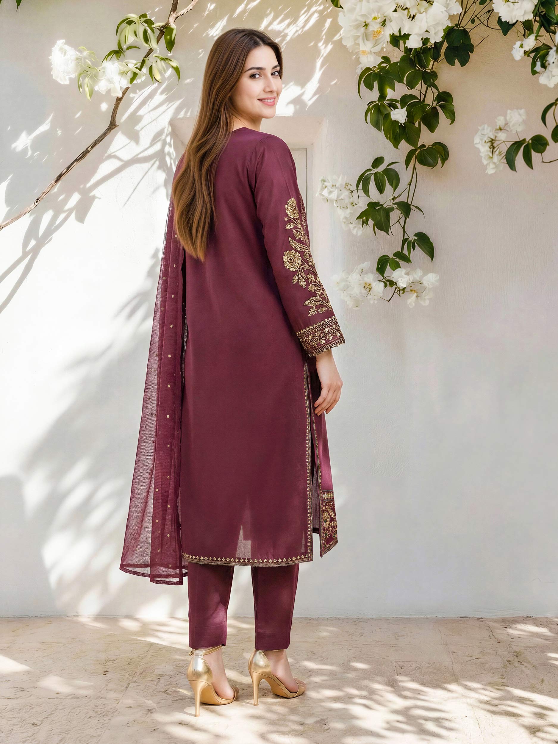 3 Piece Raw Silk Suit- Embroidered (Pret)