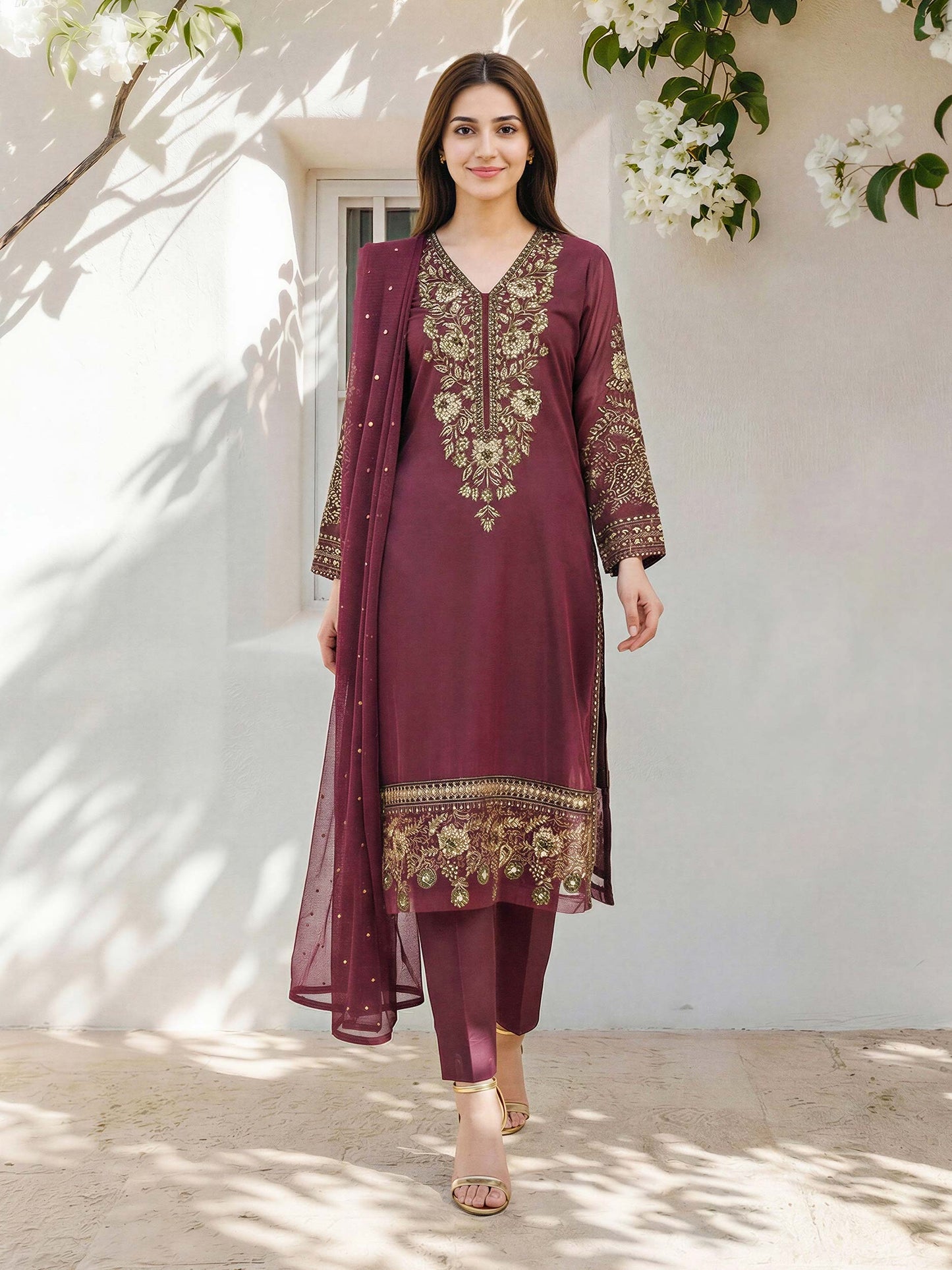 3 Piece Raw Silk Suit- Embroidered (Pret)