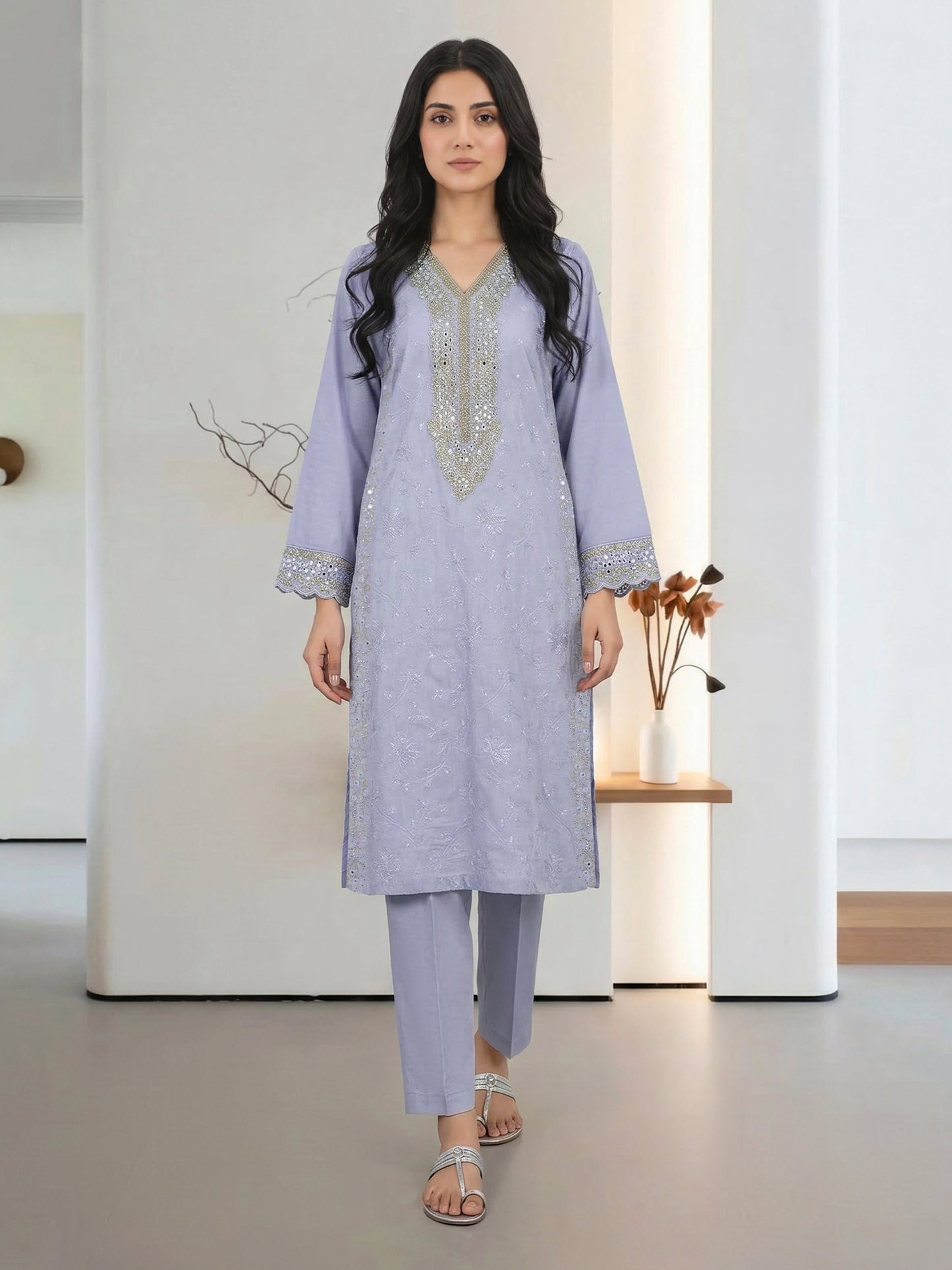 2 Piece Cotton Net Suit- Embroidered (Pret)
