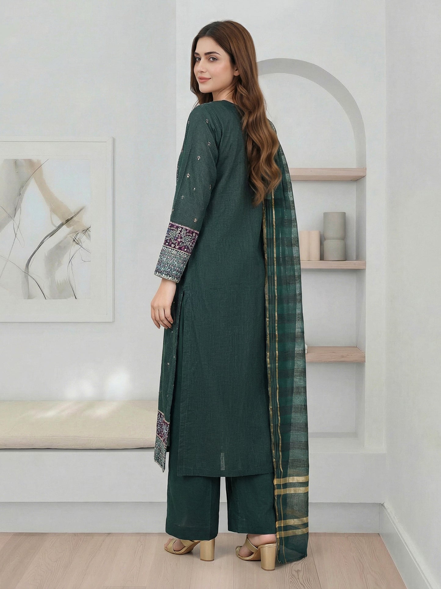 3 Piece Raw Silk Suit- Embroidered (Pret)
