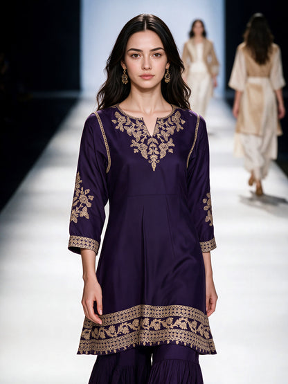 2 Piece Oak Silk Suit- Embroidered (Pret)