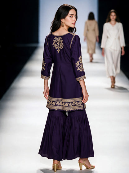 2 Piece Oak Silk Suit- Embroidered (Pret)