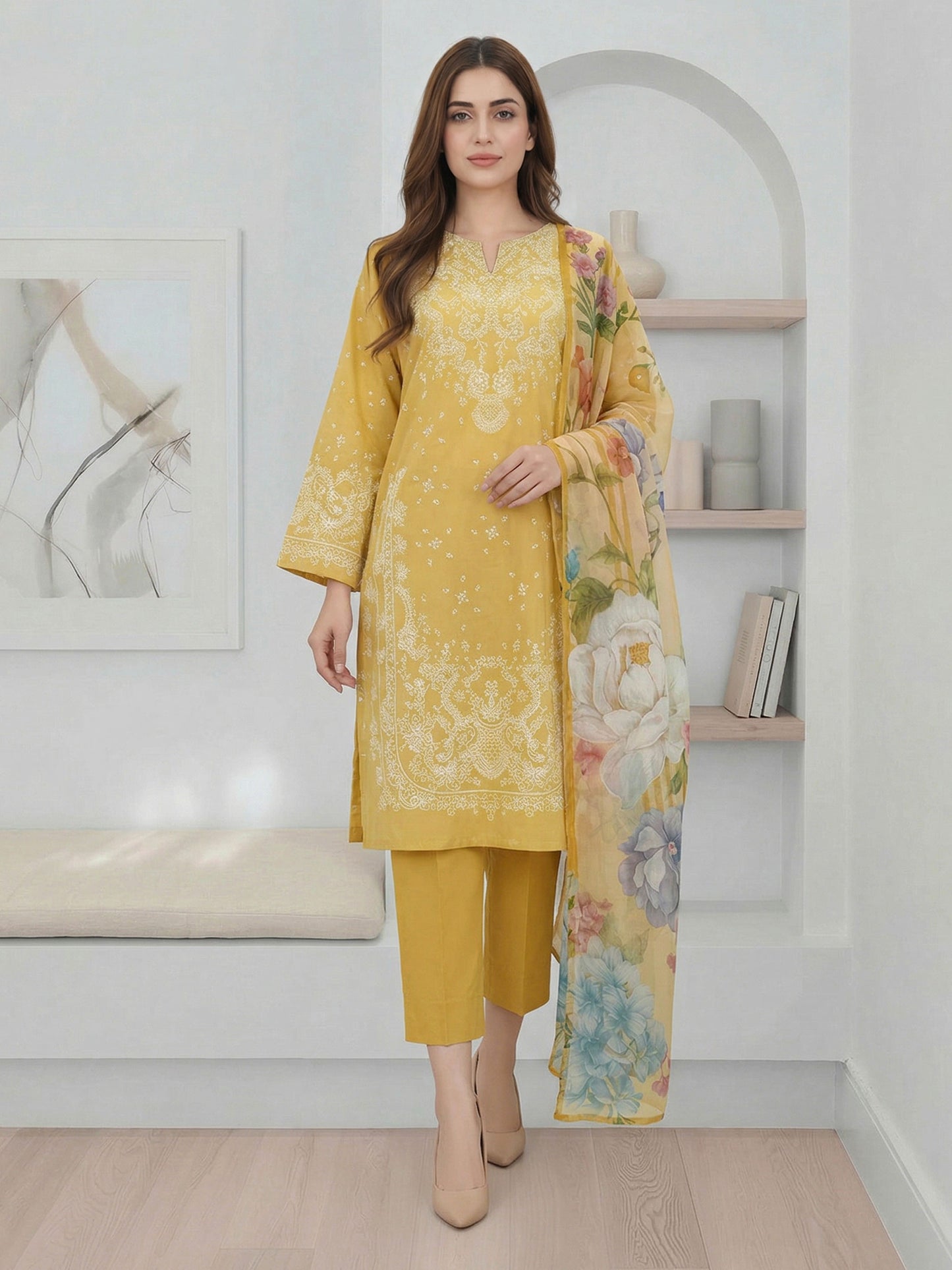 3 Piece Lawn Slub Suit- (Pret)