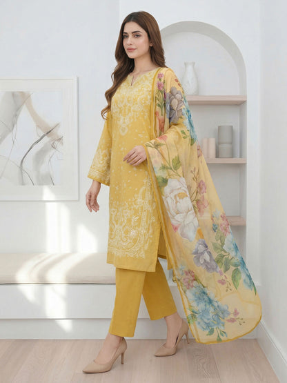 3 Piece Lawn Slub Suit- (Pret)