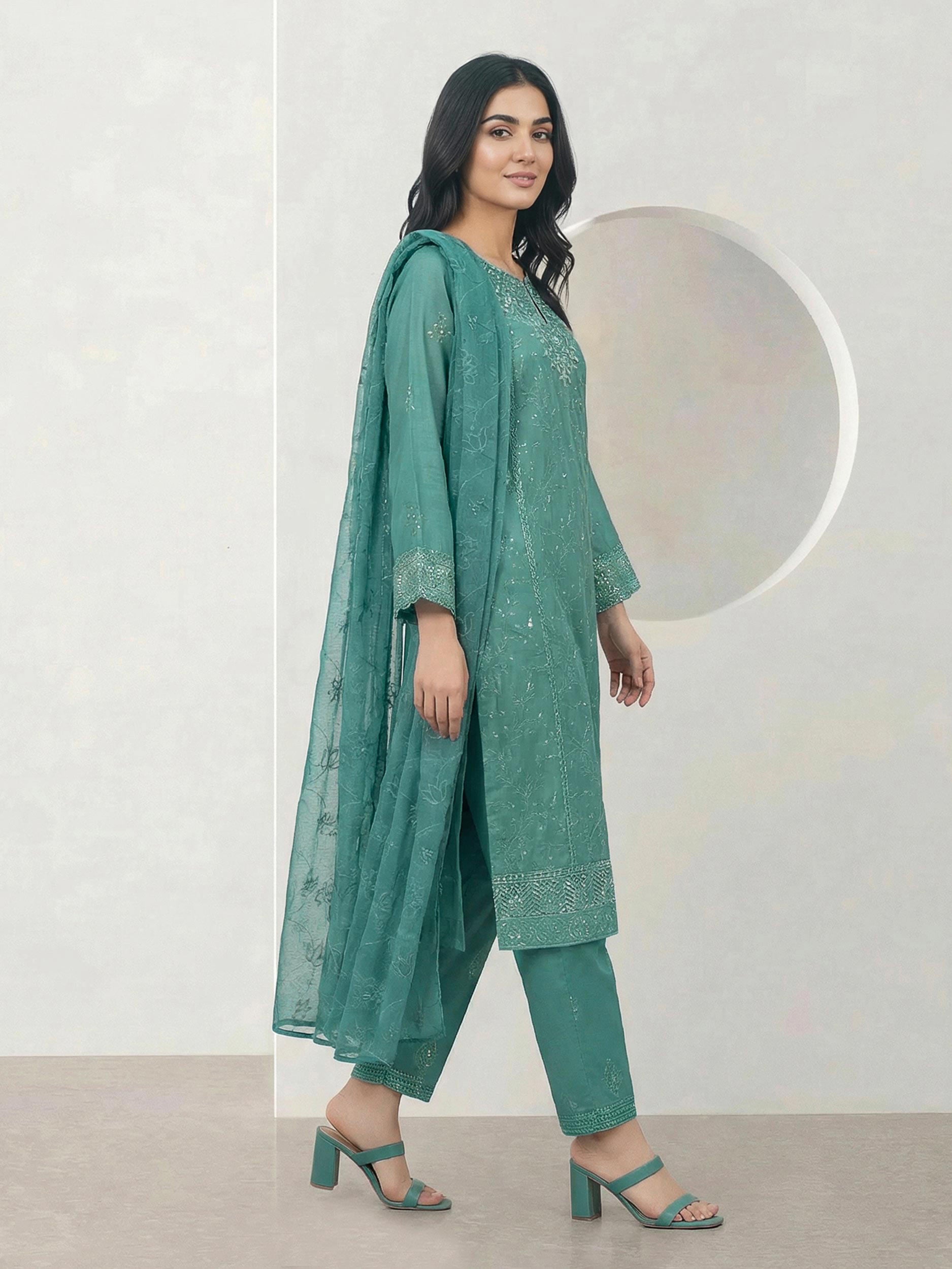 3 Piece Dobby Suit- Embroidered (Pret)