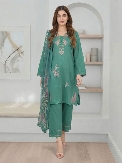 3 Piece Viscose Slub Suit- Embroidered (Pret)