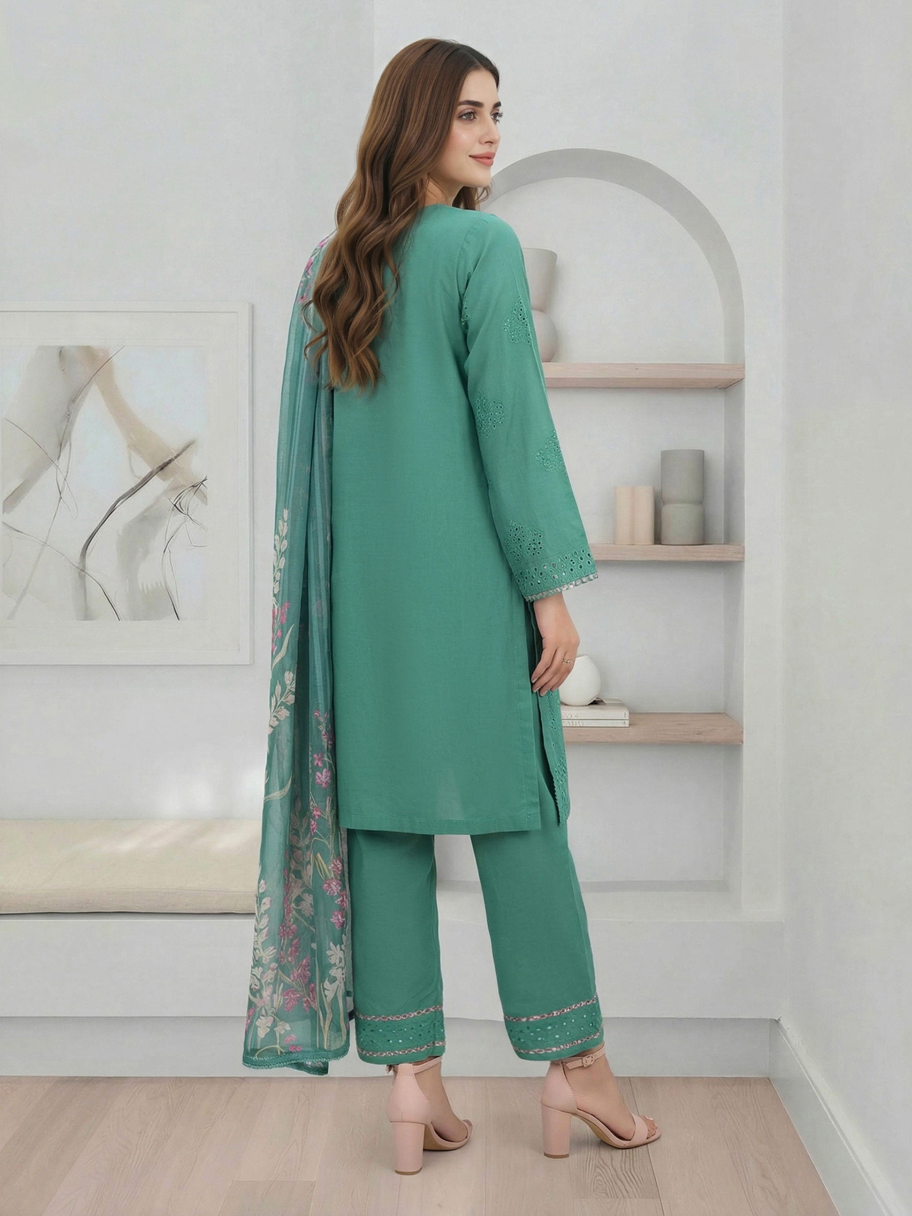 3 Piece Viscose Slub Suit- Embroidered (Pret)
