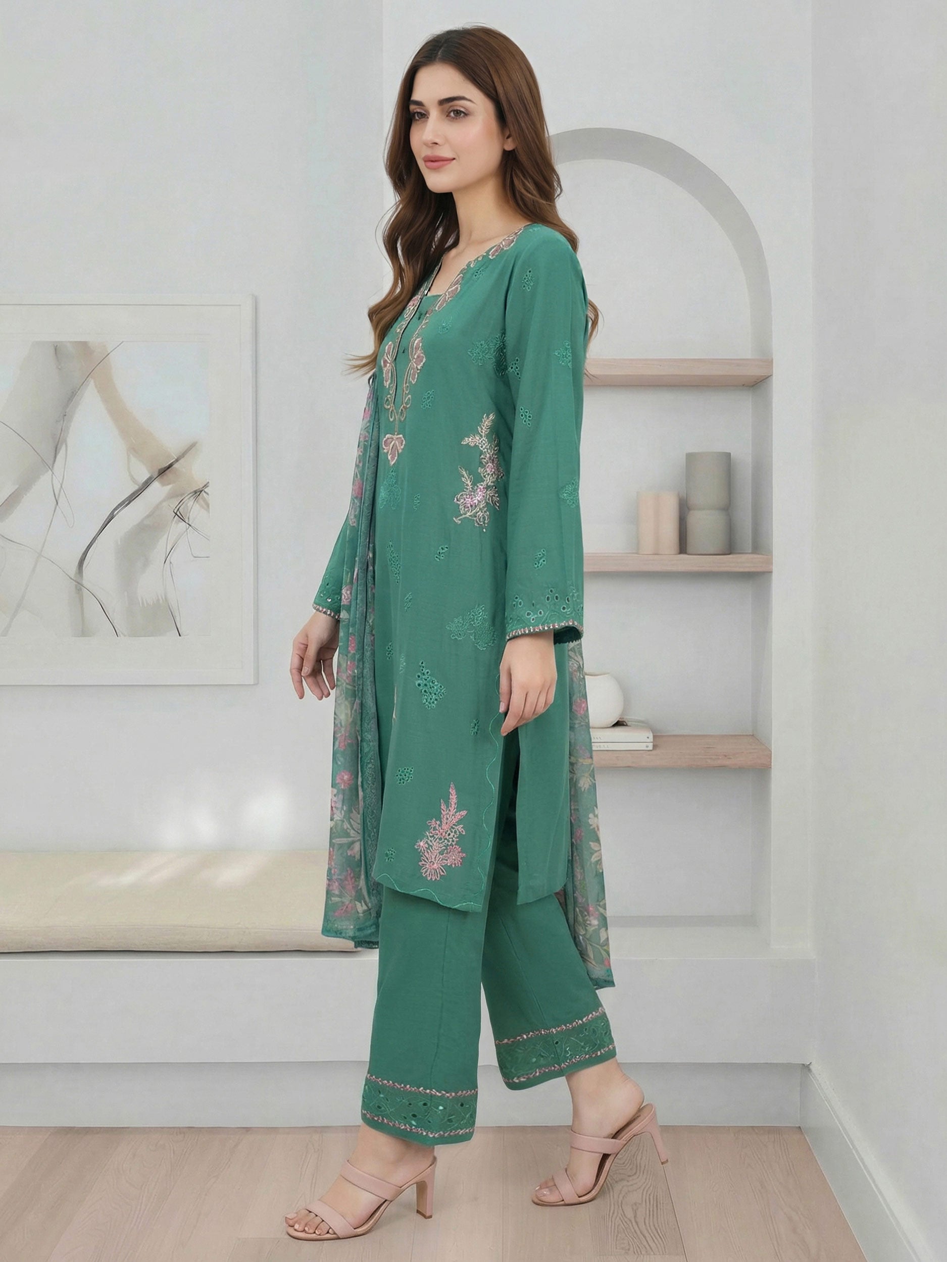 3 Piece Viscose Slub Suit- Embroidered (Pret)