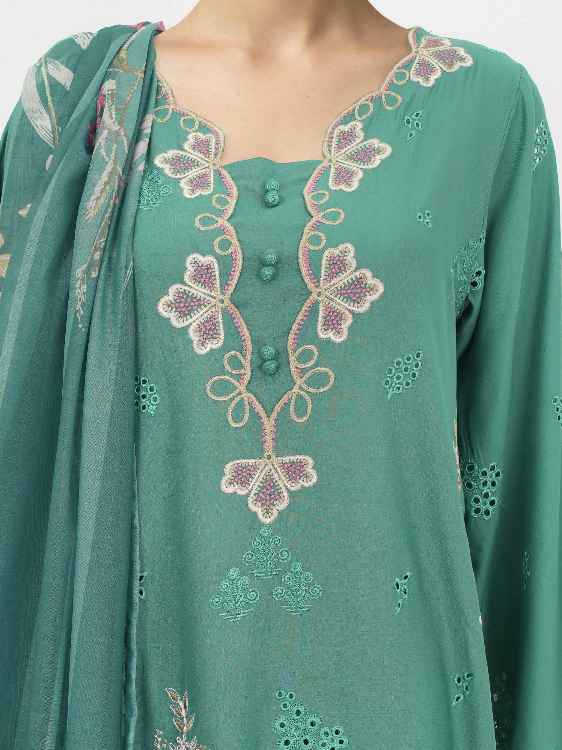 3 Piece Viscose Slub Suit- Embroidered (Pret)