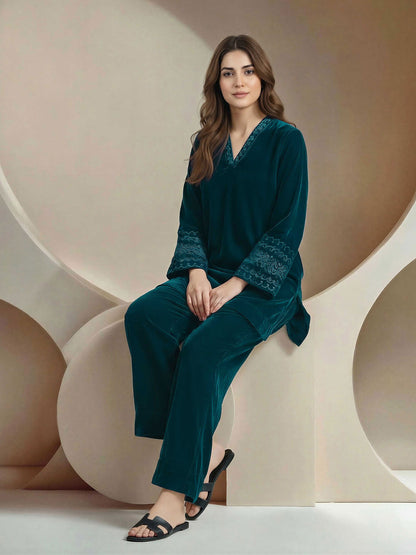 2 Piece Velvet Suit- Embroidered (Pret)