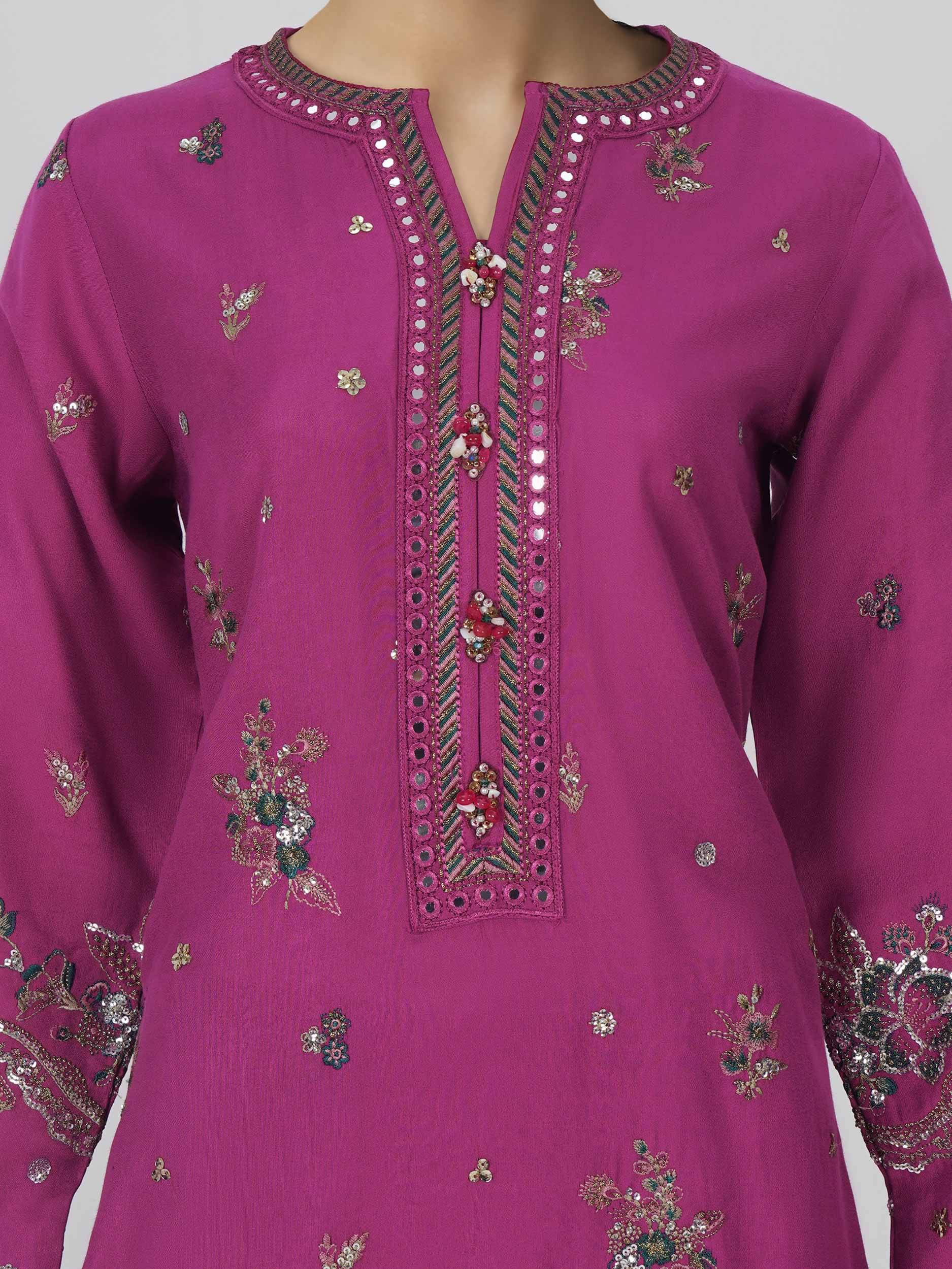 3 Piece Oak Silk Suit- Embroidered (Pret)