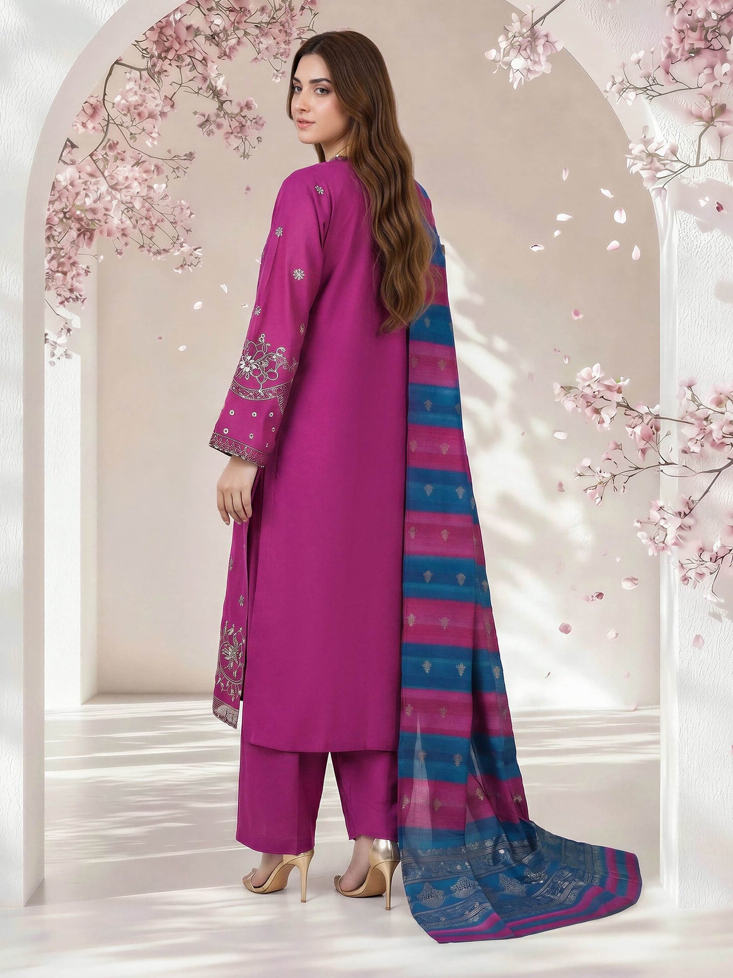 3 Piece Oak Silk Suit- Embroidered (Pret)